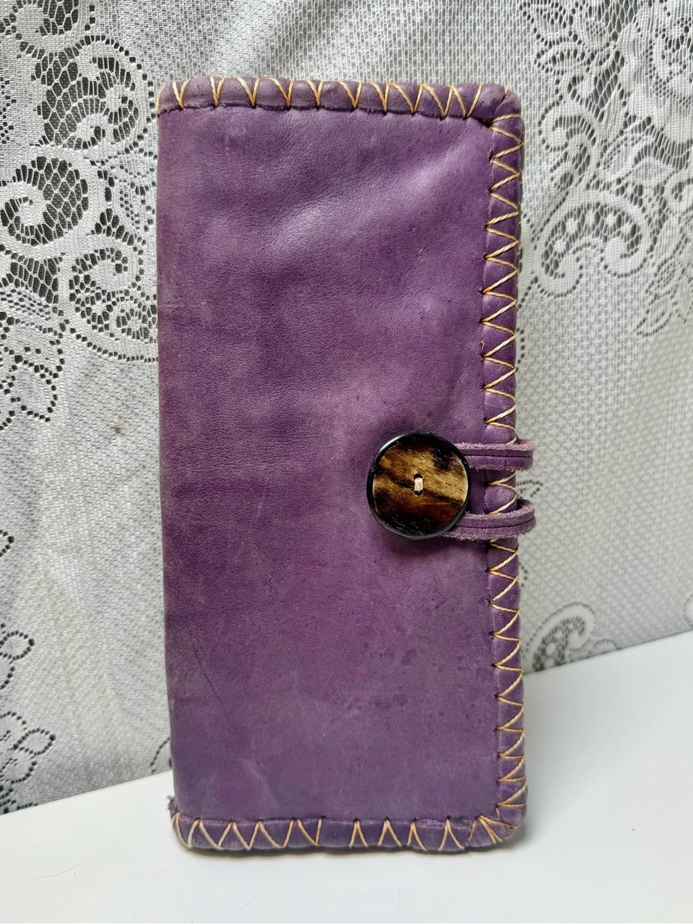 Artisan Handcrafted Beaded Purple Leather Women's Wallet Clutch with Horn Button